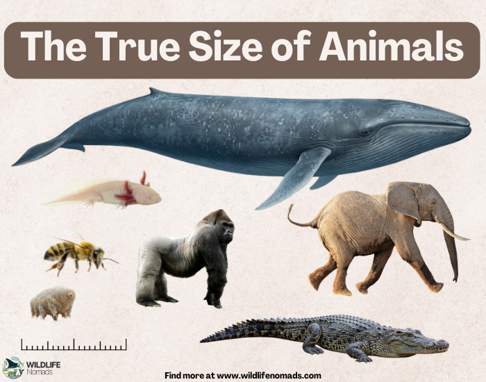 The true size of animals: a blue whale, an elephant and other animals compared at the same scale