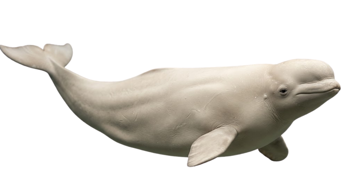 A beluga whale in side profile, pale body and rounded melon, no dorsal fin