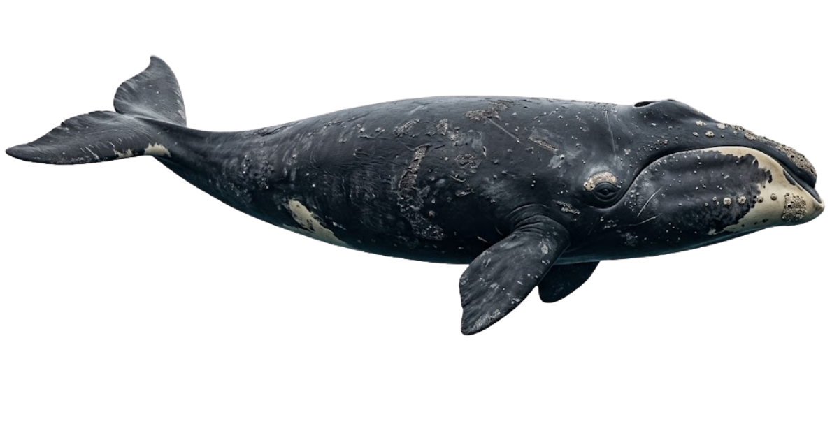 A bowhead whale in side profile, huge arched jaw and smooth dark body