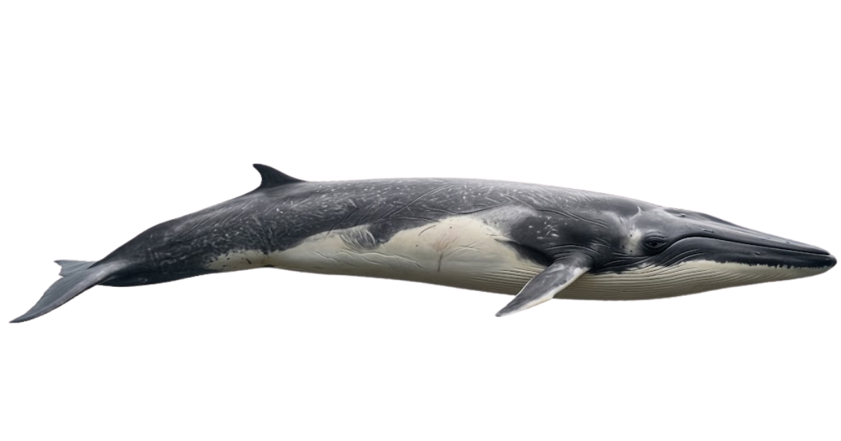 A fin whale in side profile, long streamlined body and asymmetric white lower jaw