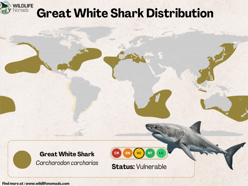 Global distribution map showing the geographic range and Vulnerable conservation status of the great white shark (Carcharodon carcharias)
