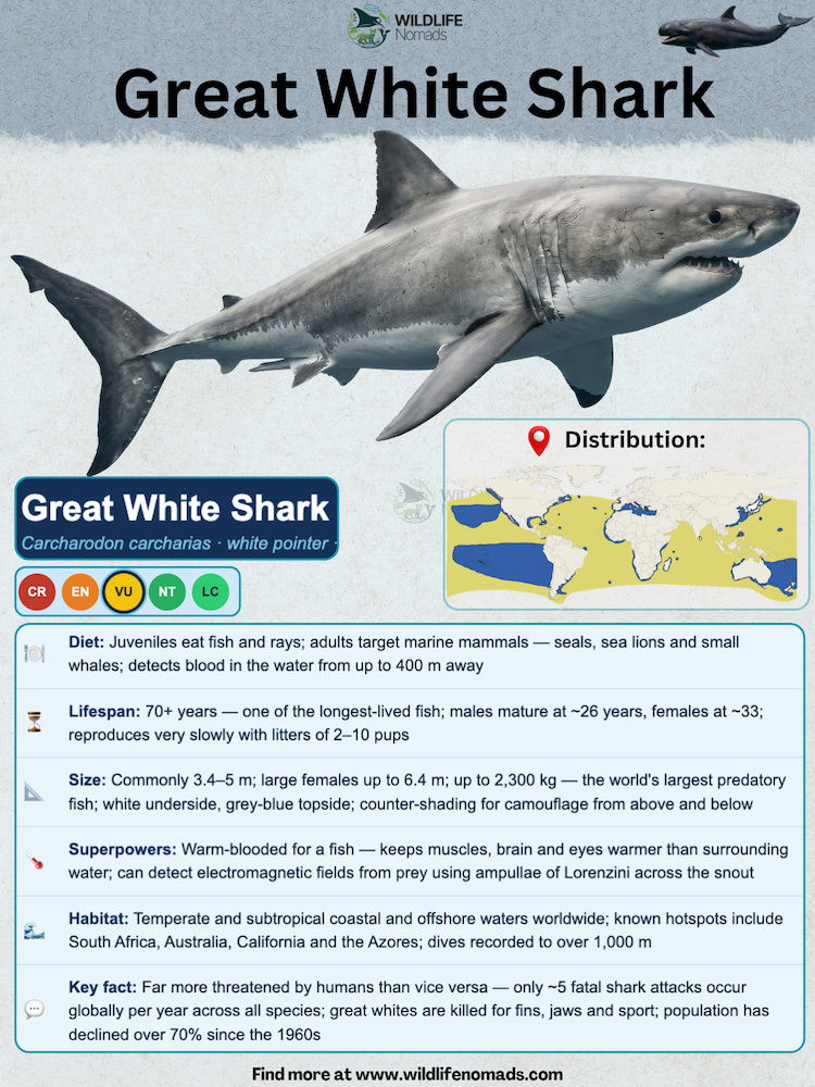 Species profile overview of the great white shark, including key facts, conservation status, and a global distribution map.