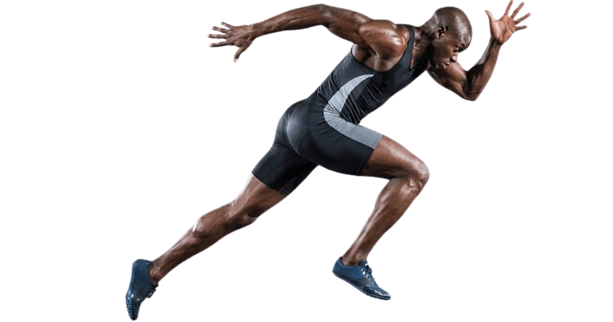A human sprinter at full speed, side view