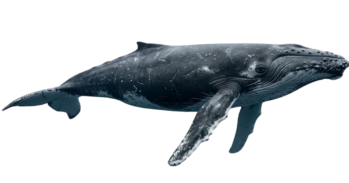 A humpback whale in side profile, very long white flippers and knobbly head