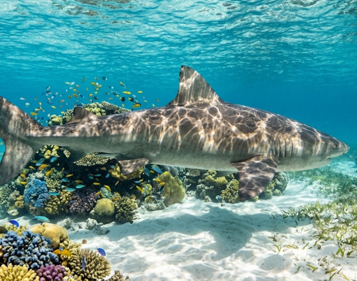 Underwater photograph of a large shark swimming over a vibrant coral reef in clear, sunlit tropical shallow waters