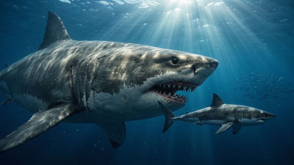 Underwater artwork of a giant megalodon shark swimming through cold, deep ocean waters accompanied by a smaller shark.