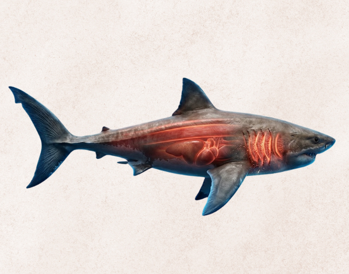 Anatomical rendering of a megalodon shark showing glowing red internal organs, heart, and gill structures to depict endothermy (warm-bloodedness)
