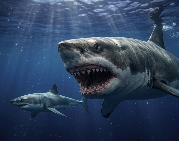 Digital rendering depicting a massive megalodon swimming next to a smaller modern shark in deep blue ocean water to compare body sizes.