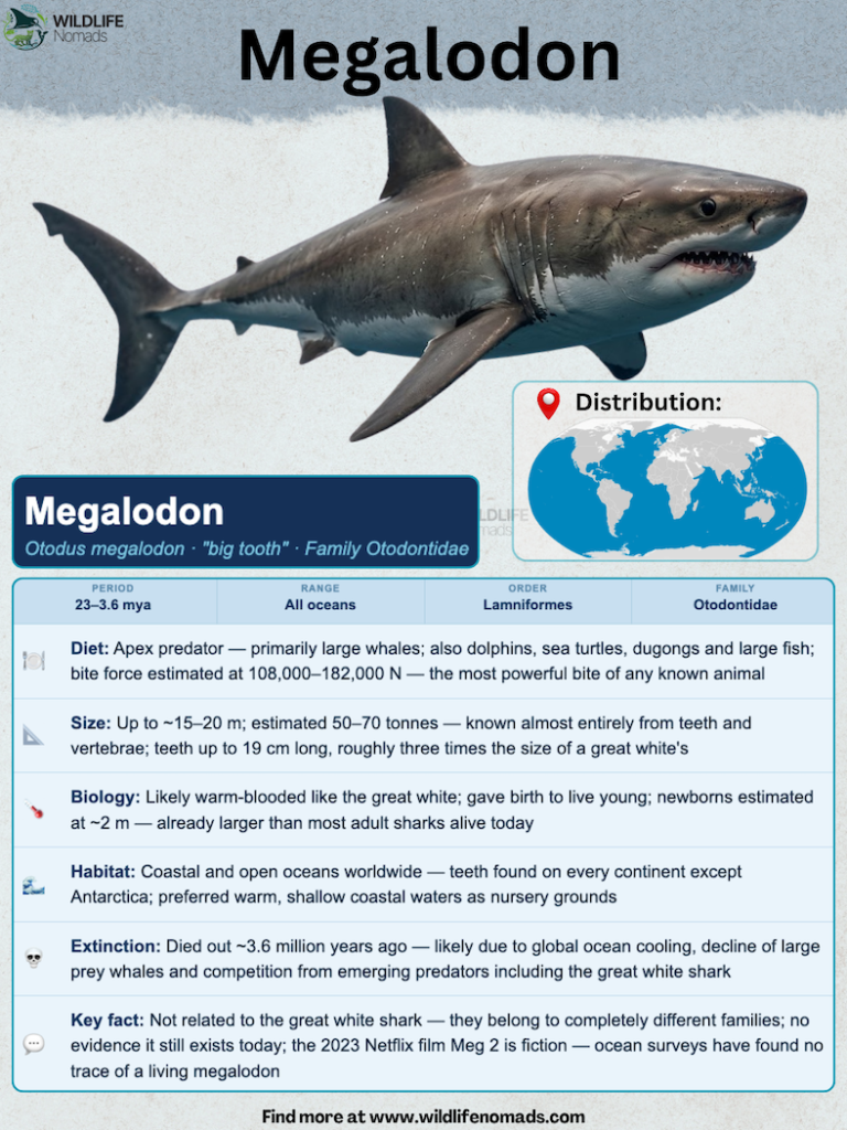 Species animal profile graphic for the Megalodon (Otodus megalodon) showing a side-profile illustration, a global distribution map, and quick facts on diet, size, biology, habitat, and taxonomy