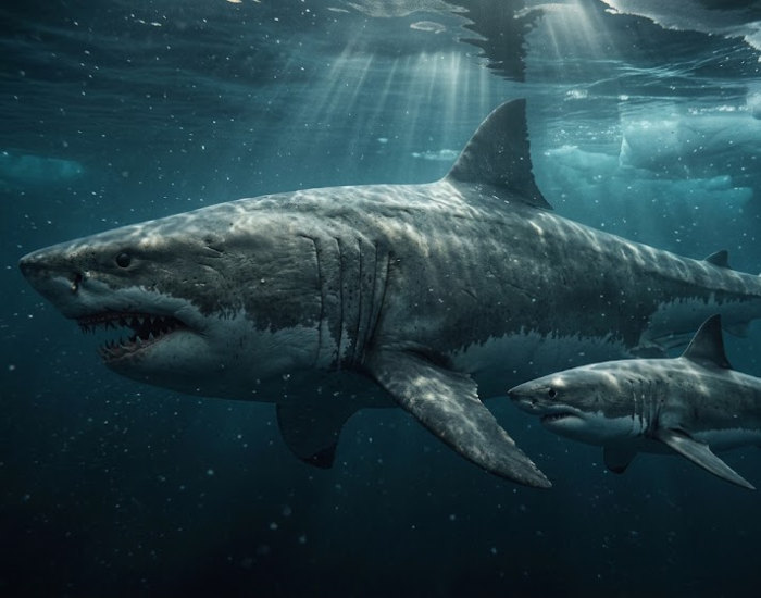 Underwater artwork of a giant megalodon shark swimming through cold, deep ocean waters accompanied by a smaller shark.