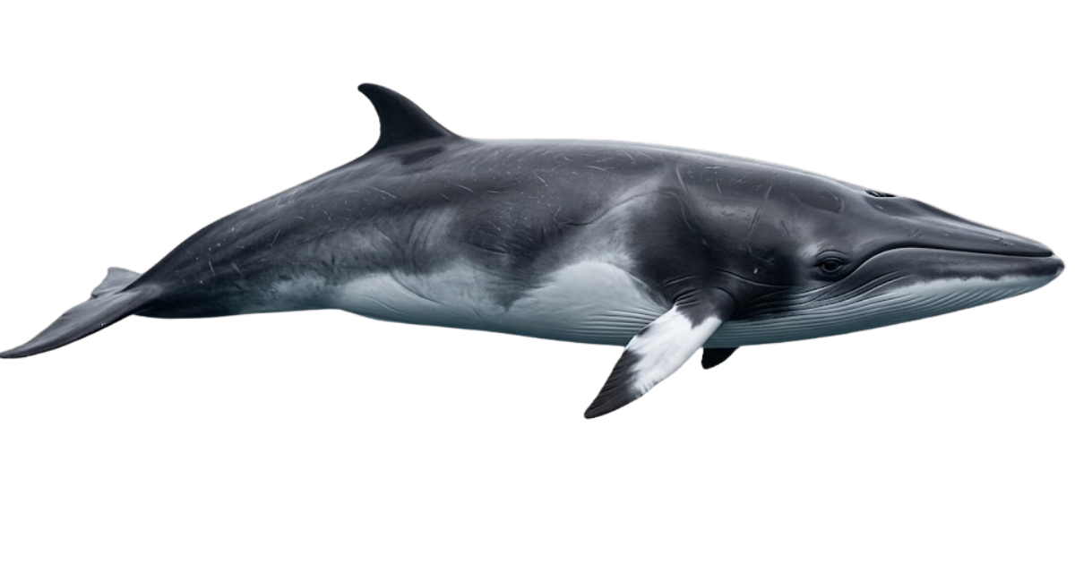 A minke whale in side profile, slender body and pointed snout