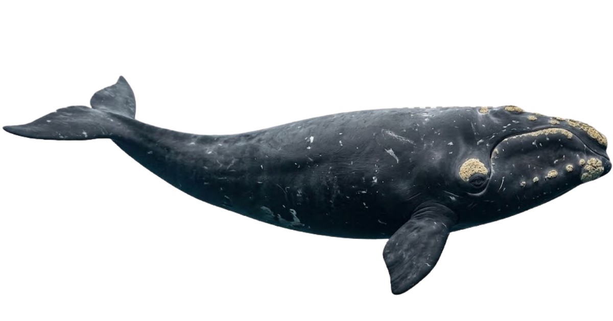 A northern right whale in side profile, broad back with no dorsal fin and callosities on the head