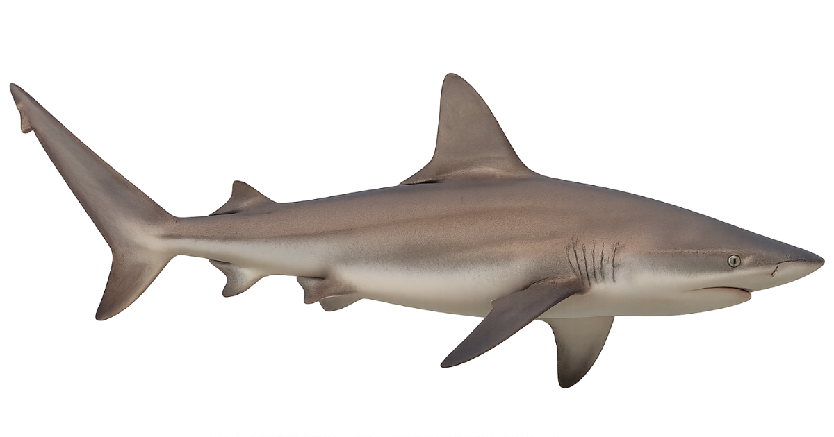 A sandbar shark in side profile, grey-brown body and very tall first dorsal fin