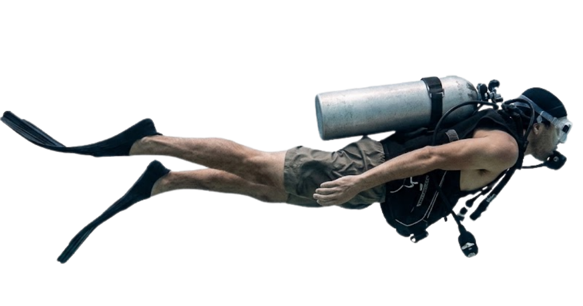 A scuba diver swimming horizontally, shown as a size reference