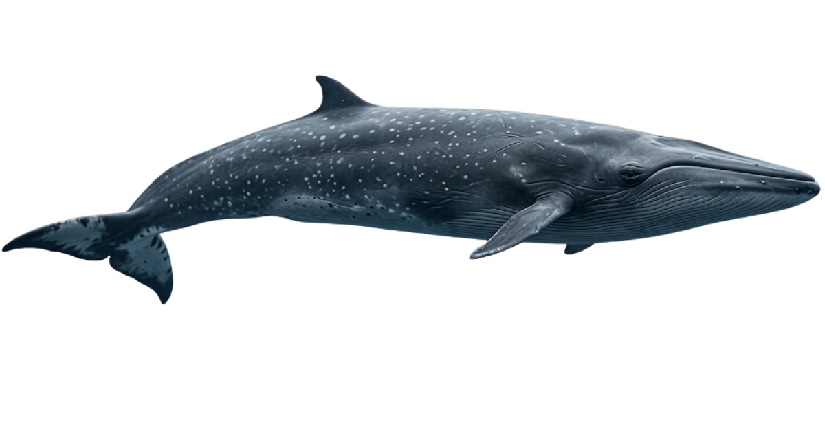 A sei whale in side profile, slim dark body and tall curved dorsal fin