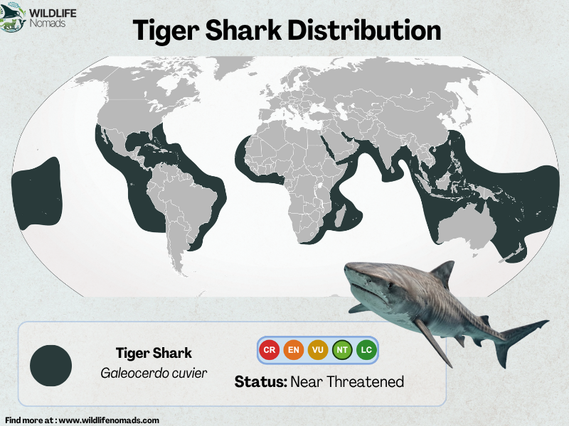 World map highlighting the global distribution range of tiger sharks across tropical and warm temperate coastal waters, labeled with Near Threatened conservation status