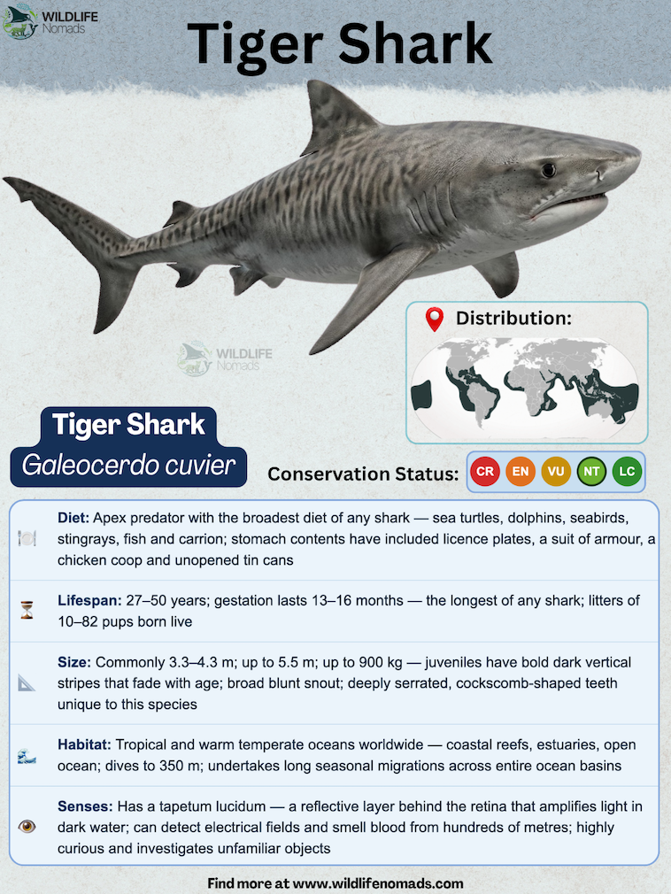 Educational infographic detailing tiger shark (Galeocerdo cuvier) facts including diet, lifespan, size, habitat, senses, conservation status, and global distribution map.