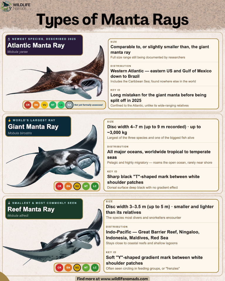 Comparison infographic detailing the 3 types of manta rays: Atlantic Manta Ray, Giant Manta Ray, and Reef Manta Ray with size and identification markers.