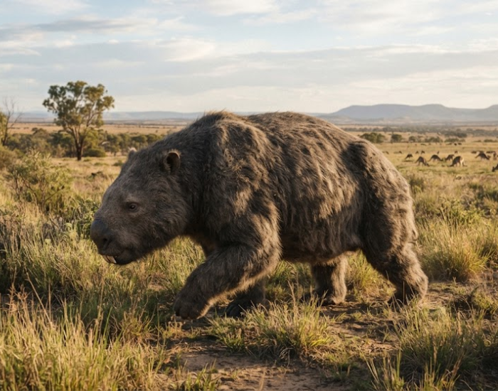 Digital illustration of a giant Diprotodon, the largest known marsupial, walking across an open field.