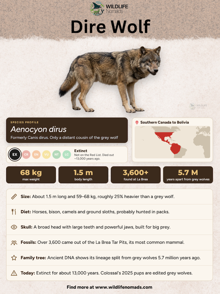 Infographic titled "Dire Wolf" featuring an illustration of a dire wolf, a range map showing Southern Canada to Bolivia, and key statistics including a max weight of 68 kg, body length of 1.5 m, and extinction timeline of ~13,000 years ago.
