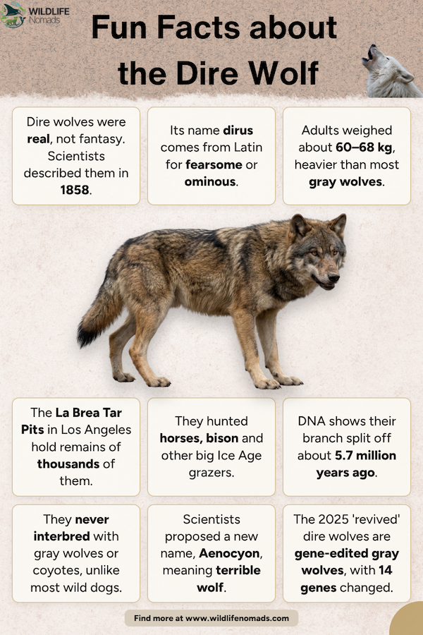 Infographic grid containing nine fun facts about dire wolves, surrounding a central illustration of a dire wolf, detailing their history, La Brea Tar Pit fossils, scientific classification (Aenocyon dirus), and extinction.