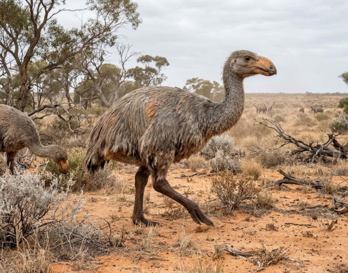 Digital illustration of Genyornis, an extinct giant flightless bird from Ice Age Australia in an arid environment