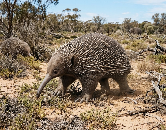 Digital illustration of a giant prehistoric echidna foraging in an Australian landscape.