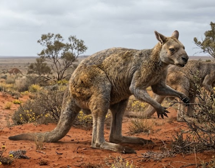 Digital illustration of a giant short-faced kangaroo standing in a sparse bushland.