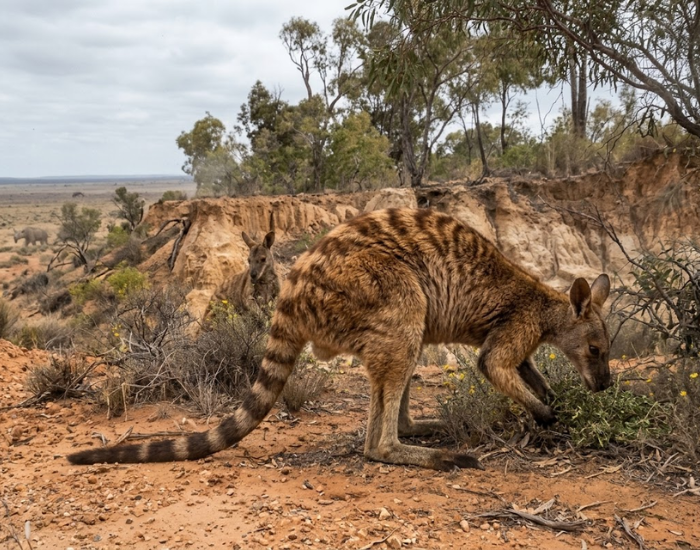 Digital illustration of giant wallabies moving through an Australian habitat.
