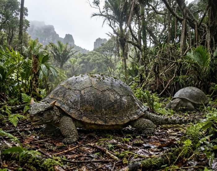 Digital illustration of an extinct horned turtle with a heavily armored head and tail.