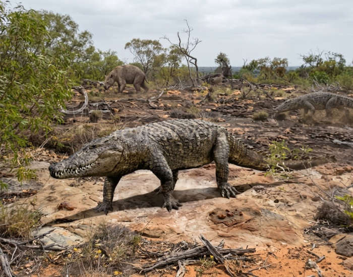 Digital illustration of Quinkana, an extinct terrestrial predatory land crocodile of Australia.