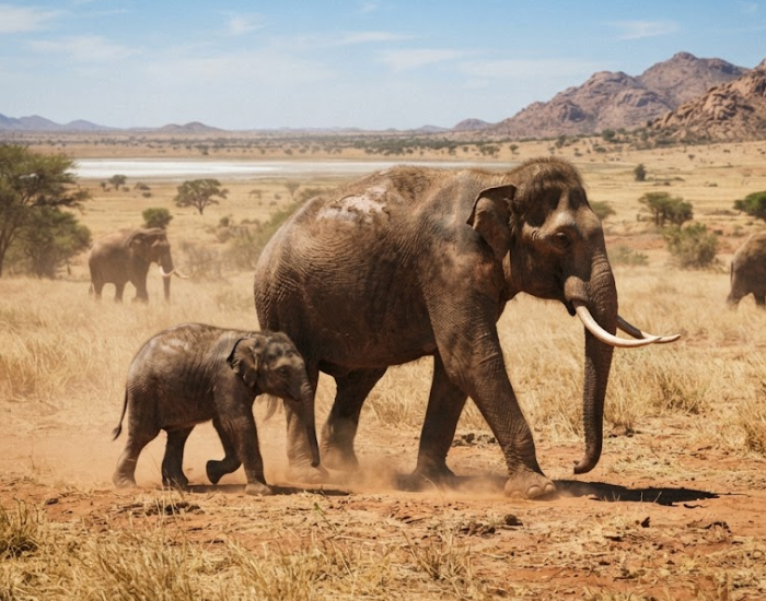 An elephant and its calf walking through a dry, arid African savanna landscape.