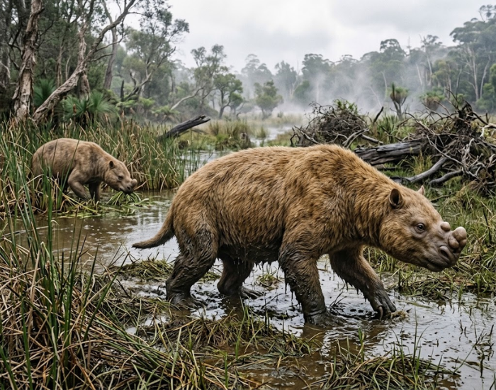 Digital illustration of a marsh diprotodont standing near wetland vegetation.