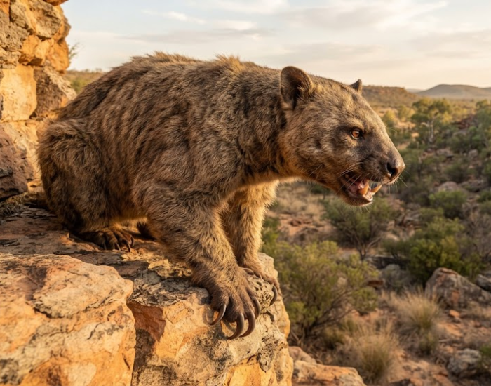 Digital illustration of a marsupial lion perched on rocky terrain.