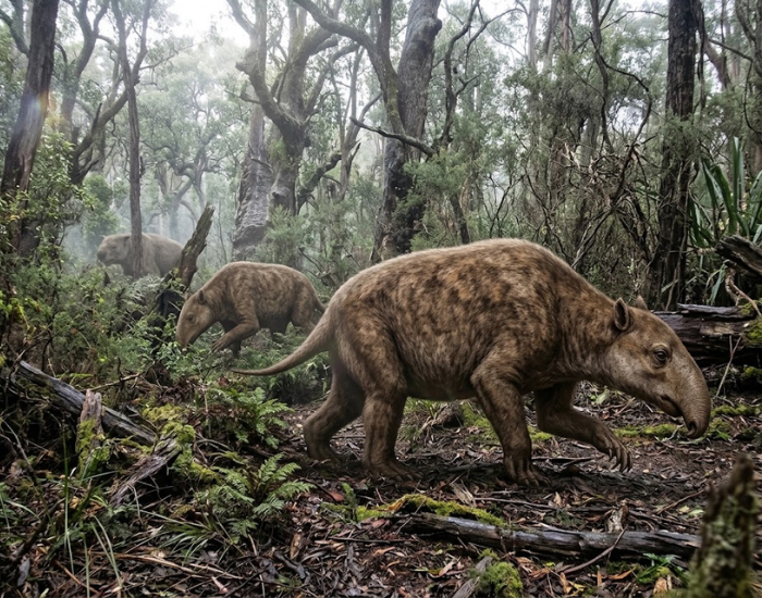 Digital illustration of a marsupial tapir feeding on vegetation.