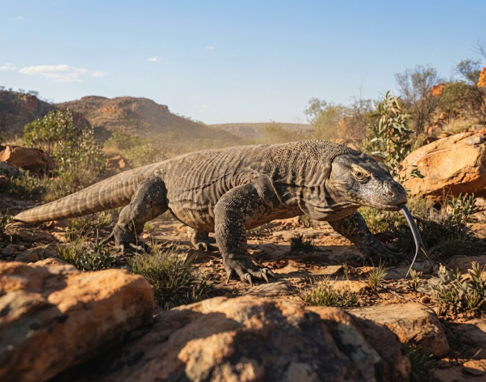 Digital illustration of Megalania, a massive extinct giant monitor lizard, on rocky ground.