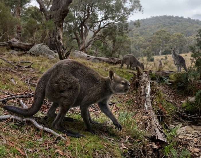 Digital illustration of a short-faced browsing kangaroo in a wooded habitat.
