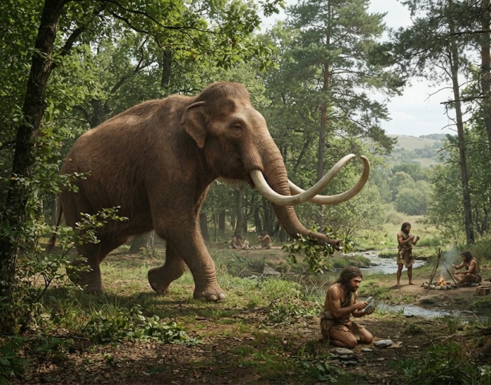 A large southern mammoth walking through a lush forest near early humans gathered around a campfire.