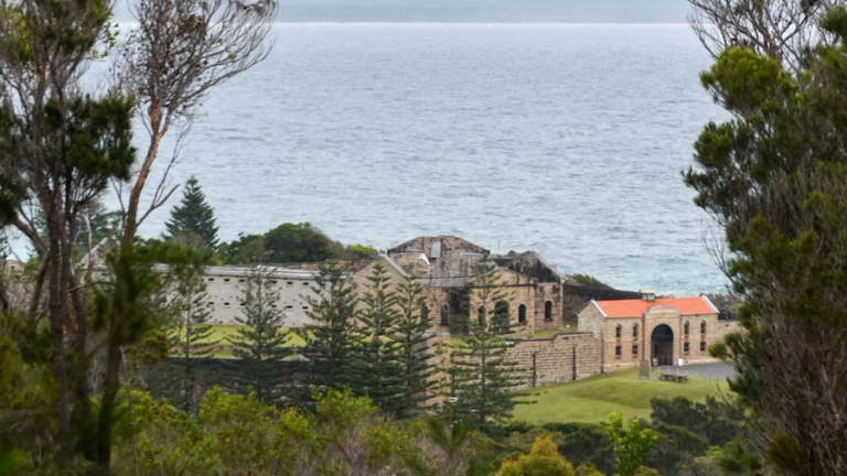 An elevated view framed by trees looking down at the historic stone complex of Trial Bay Gaol situated near the edge of the ocean.