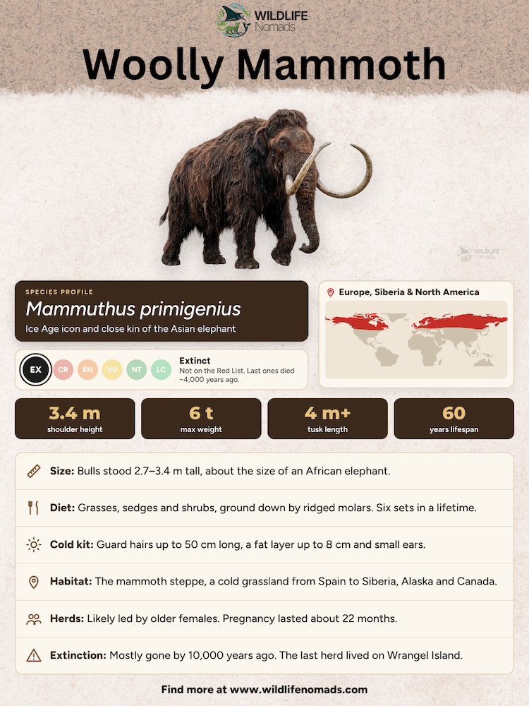 Infographic titled "Woolly Mammoth Species Profile" featuring an illustration of a woolly mammoth, distribution map for Europe, Siberia, and North America, extinction status indicators showing "Extinct", physical stats including a 3.4 m shoulder height and 6 t max weight, and key facts covering its diet, cold adaptations, habitat, and herds.