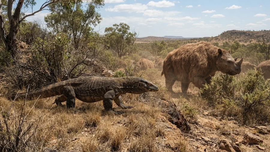 Hero image featuring prehistoric Australian megafauna, including a giant monitor lizard and a large mammal in an ancient Australian landscape.