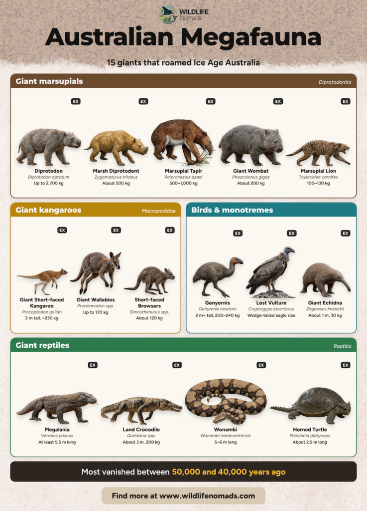 Infographic showcasing 15 giants of Australian megafauna that roamed Ice Age Australia, including giant marsupials, kangaroos, birds, and reptiles.