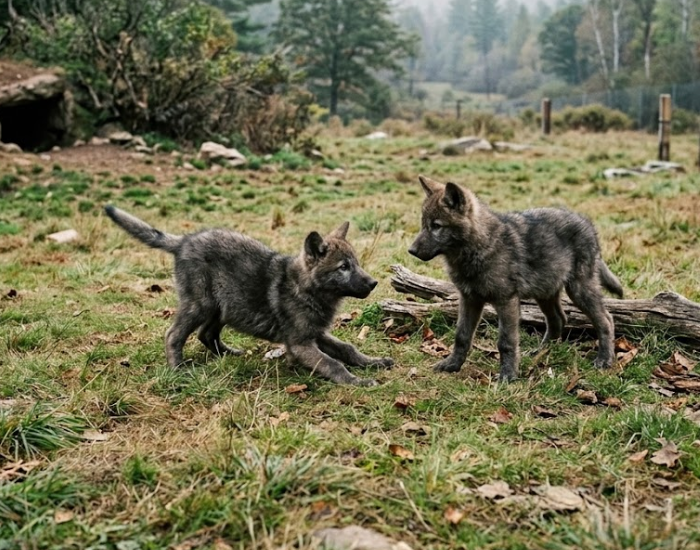 Two young dark gray wolf pups playing in a grassy outdoor field.