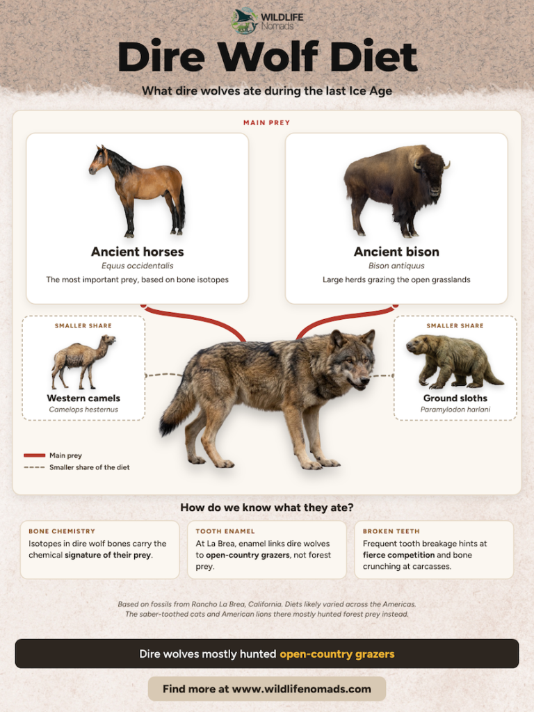 Diet chart showing a dire wolf linked to its main prey, ancient horses and ancient bison, and smaller shares of western camels and ground sloths, with notes on how bone isotopes and teeth reveal its diet.