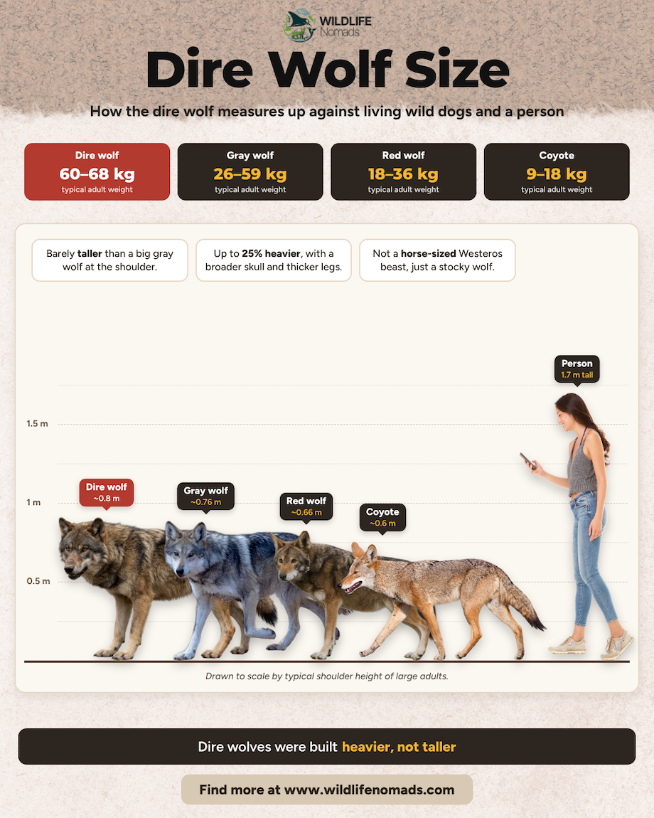 Size comparison of a dire wolf (about 0.8 m at the shoulder, 60–68 kg), grey wolf, red wolf and coyote lined up next to a 1.7 m person on a height scale.