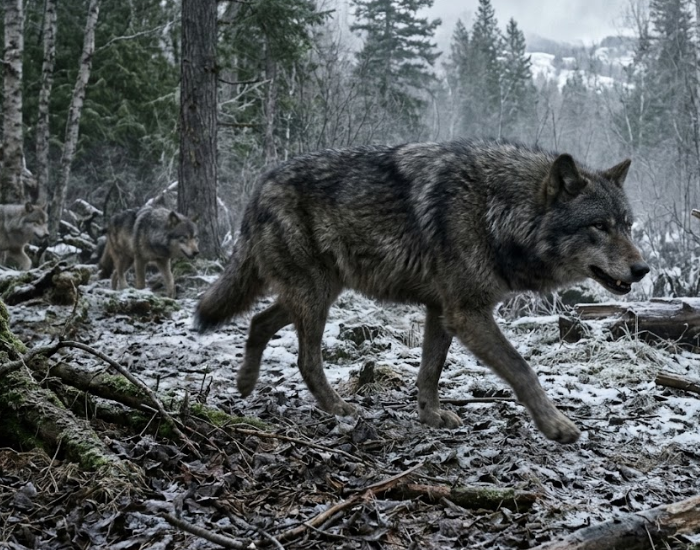 A large gray wolf walking through a snowy, forested winter landscape with pack members in the background.