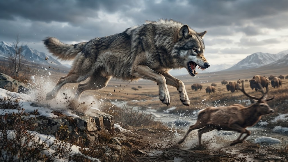 action illustration of a fierce dire wolf leaping through a snowy landscape toward prey, with a herd of bison and a deer grazing in a mountain valley background