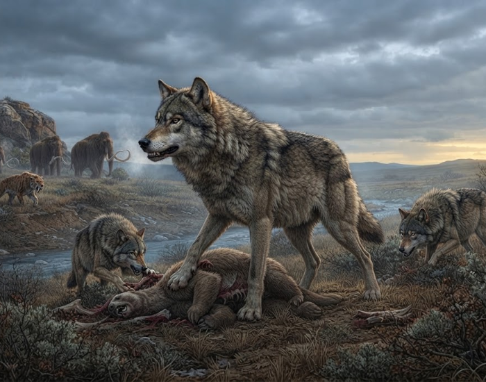 Digital illustration of a dire wolf pack standing over prey on a grassy Ice Age plain with mammoths in the background.