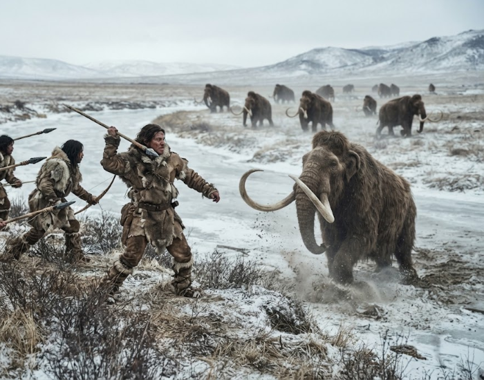 Historical illustration of early humans hunting a woolly mammoth in a snowy landscape.