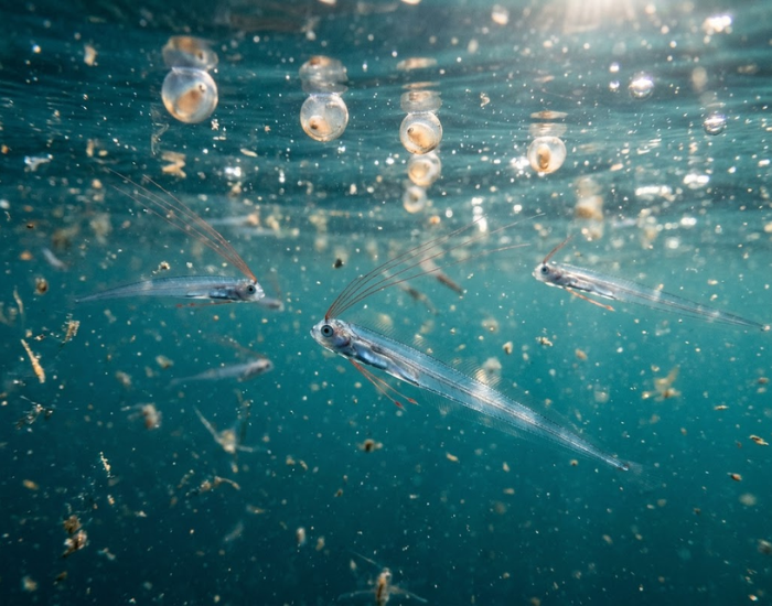 Underwater photograph of tiny, translucent larval oarfish swimming near floating ocean eggs.